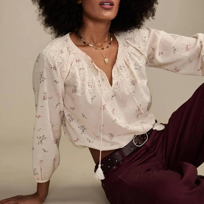 top Lucky Brand Women's Embroidered Smocked Peasant Top Lucky Brand $34.99