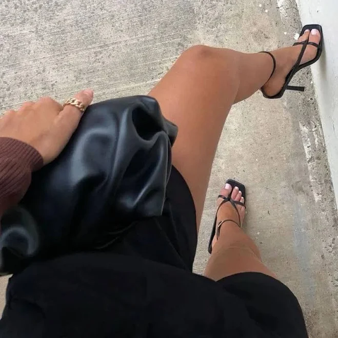 shoes Midnight Black Faux Leather Strappy Square-Toe Heels 4 Mermaid Way $107