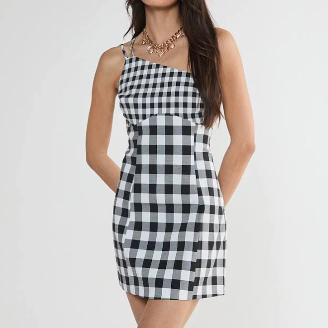 gingham Nasty Gal Women's Gingham Asymmetric Neck Tailored Dress Nasty Gal - US $61.6