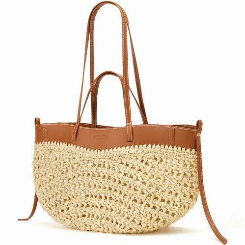 bag Paper Rattan Straw & Faux Leather Tote Bag Cider $62.9