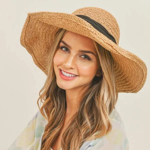 accessory Straw Wide Brim Hat with Black Ribbon Judson & Company $24