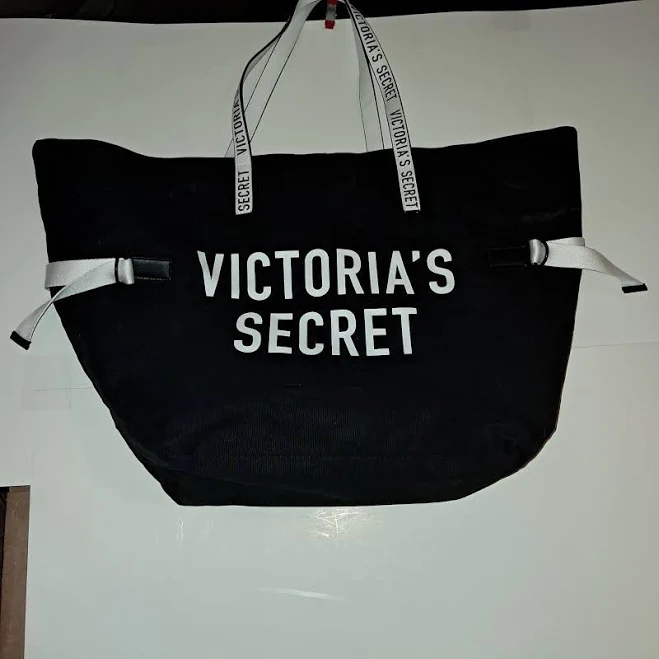bag Victoria's Secret Black Canvas White Graphic Tote Large Beach Shoulder eBay $16