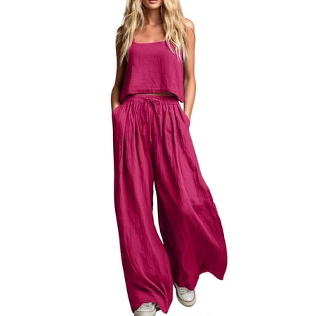 matching set Women's Casual Linen Flowy Cami Tops and Wide Leg Trousers Walmart - ShomPort Clothing $15.99