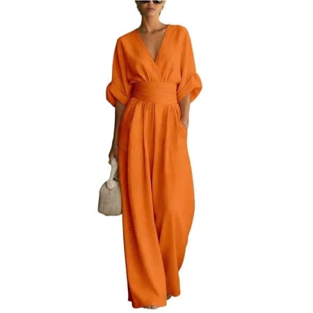 jumpsuit Women's Casual V-Neck Ruched Waist Wide Leg Jumpsuit Walmart - WULMLEO $17.99