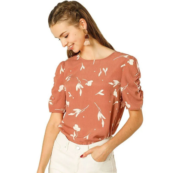 top Women's Floral Crew Neck Casual Shirred Short Sleeve Blouse, Size: XS, Coral Kohl's $30.99