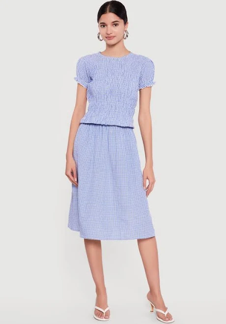 dress Women's Gingham Puff Sleeve Smocked Midi Dress Rainbow Shops $8.99