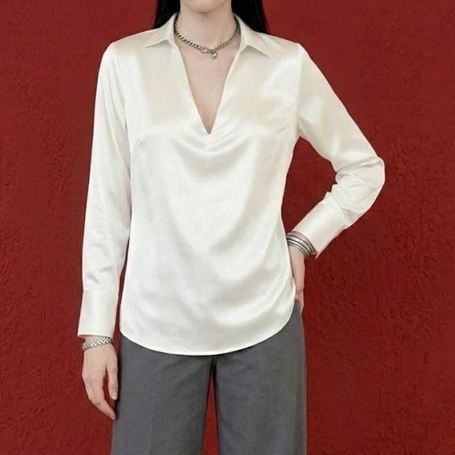 top Women's Minimalist Silk V-Neck Long Sleeve Shirt Etsy - Seller $97.99