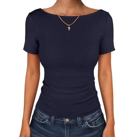 top Women's Ribbed Knit Boat Neck Short Sleeve T-Shirt Walmart - ANRABESS FASHION $9.99