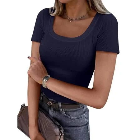 top Women's Ribbed Knit Slim Fitted Short Sleeve Top Walmart - ANRABESS FASHION $13.34