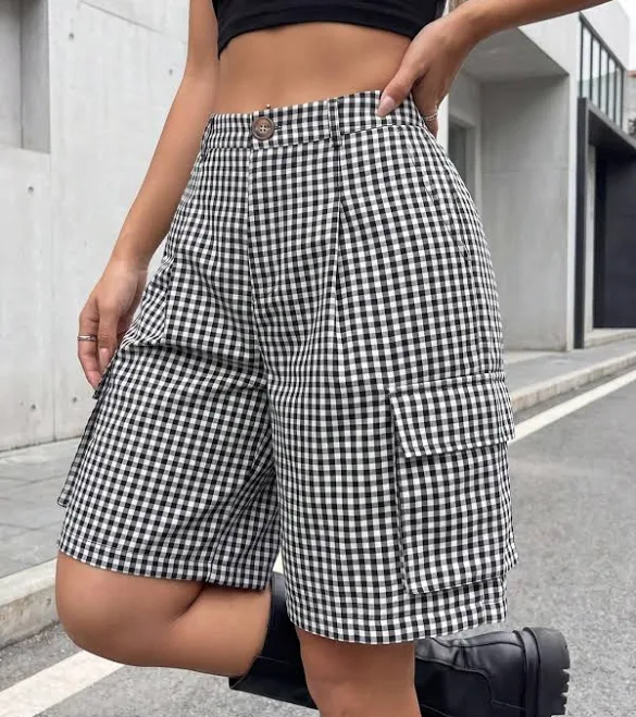 shorts Y2K High Waist Pleated Plaid Cargo Shorts Shein $11.99
