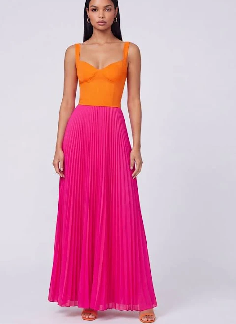 dress Zapakasa Women Orange and Fuchsia Long Color Block Patchwork Formal Dress with Pleats Thick Straps A Line Wedding Guest Dress, Orange and Fuchsia / Zapaka SA $113.52