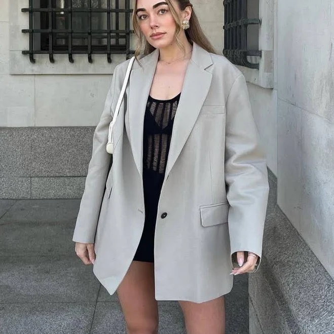 outerwear Zara Jackets & Coats | Zara Taupe Gray Oversized Vented Linen Blend Blazer | Color: Cream/Gray | Size: S | Jayru's Closet Poshmark $116
