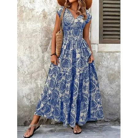 dress Zoelnic Women's Floral V-Neck Short Sleeve Smocked Waist Maxi Dress Walmart - ZXKJ Co. $19.89