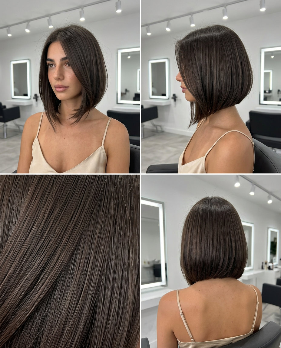 short deep neutral brown, asymmetrical bob with sharp perimeter for edgy sophistication