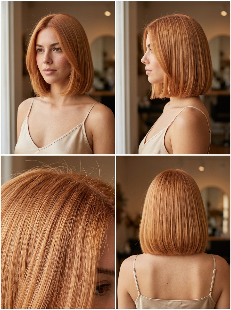 short Venetian strawberry blonde French bob with classic red-blonde, single process — chic daily wear