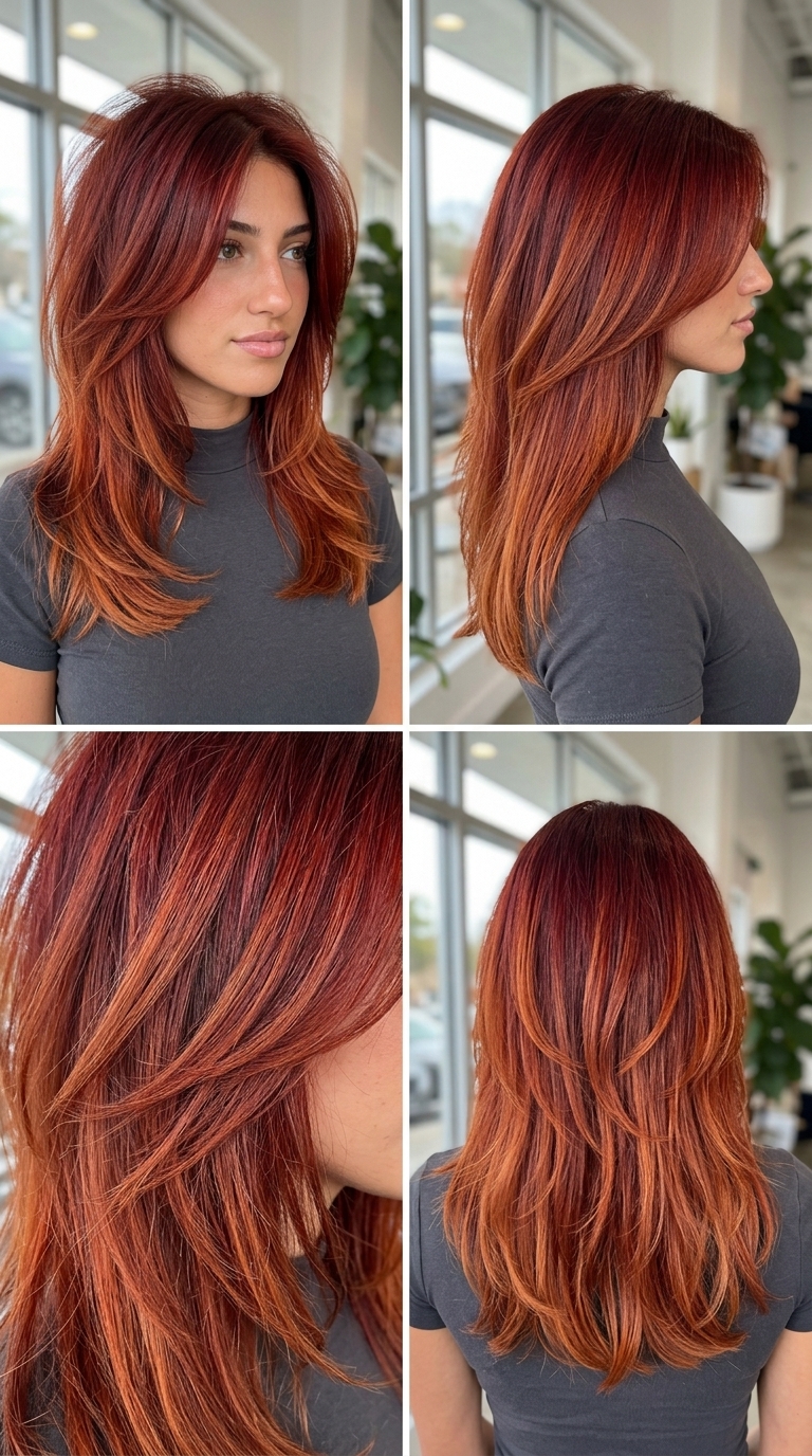 long shag haircut with fiery red to copper ombré, razored layers and parted fringe