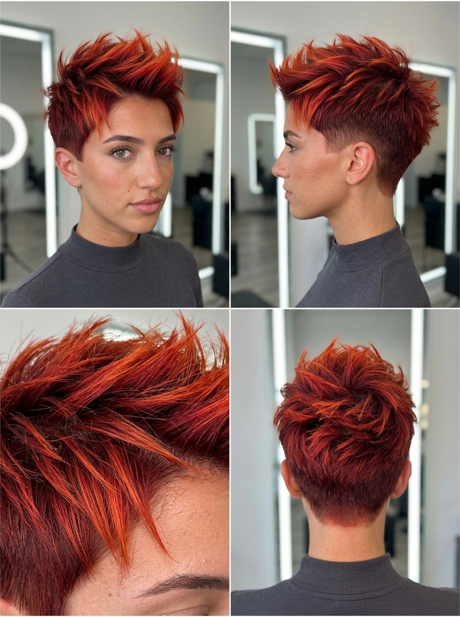 very short pixie haircut in fiery red to orange ombré, aggressively textured spikes, uneven fringe — festival ready