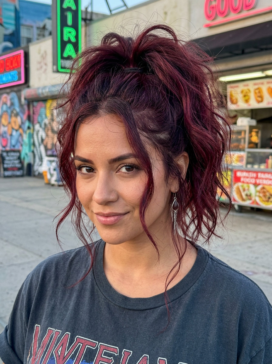 long deep red-violet ponytail with mahogany tones and messy texture for festival