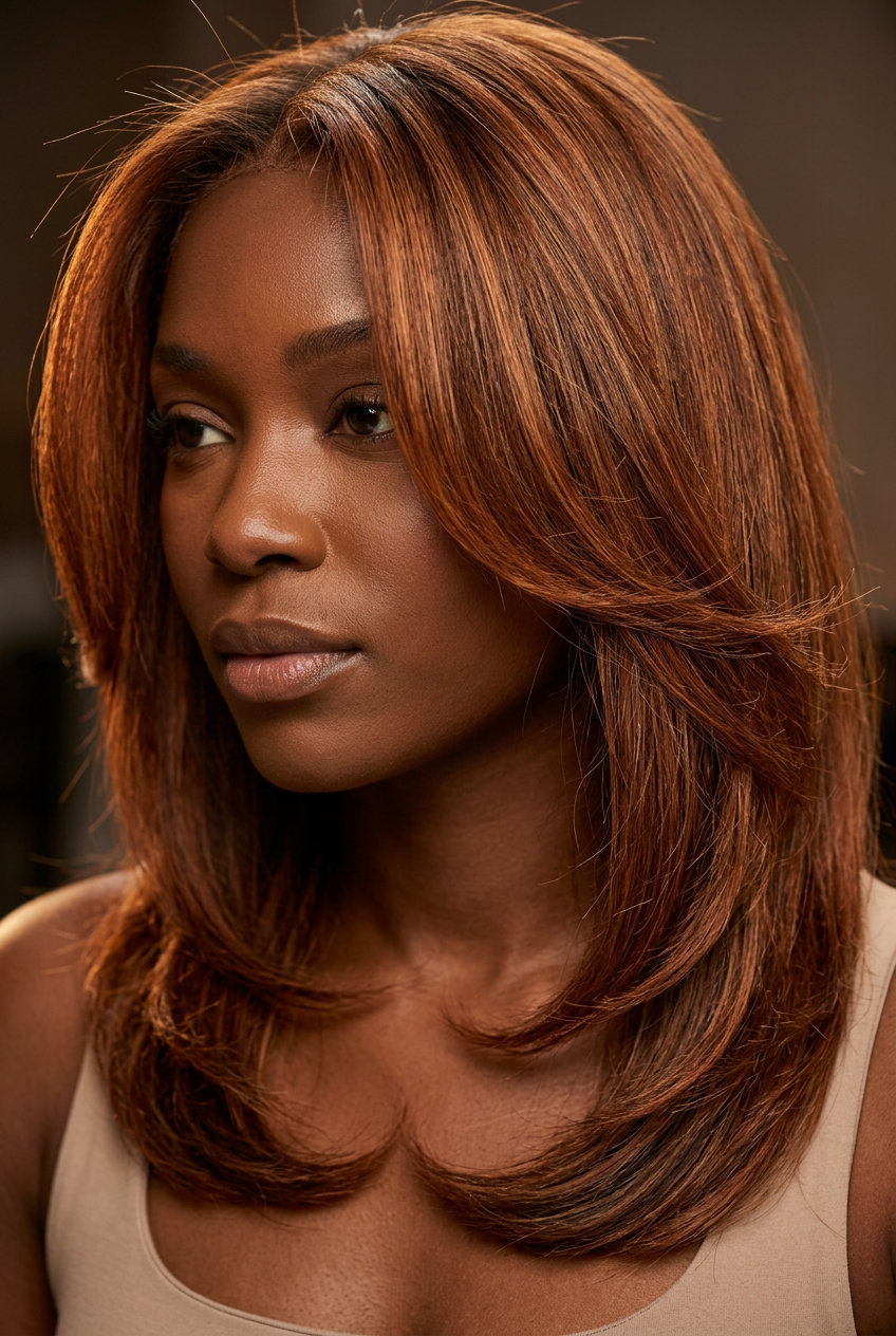 long auburn curve cut with deep copper lowlights, U-shaped layering, face-framing—professional & sophisticated