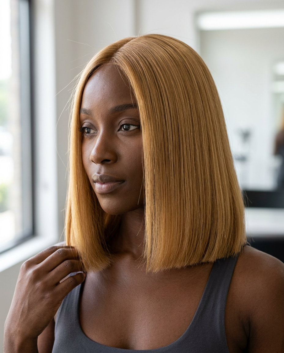 chin-length blunt bob in rich honey blonde with golden undertones for professional meeting