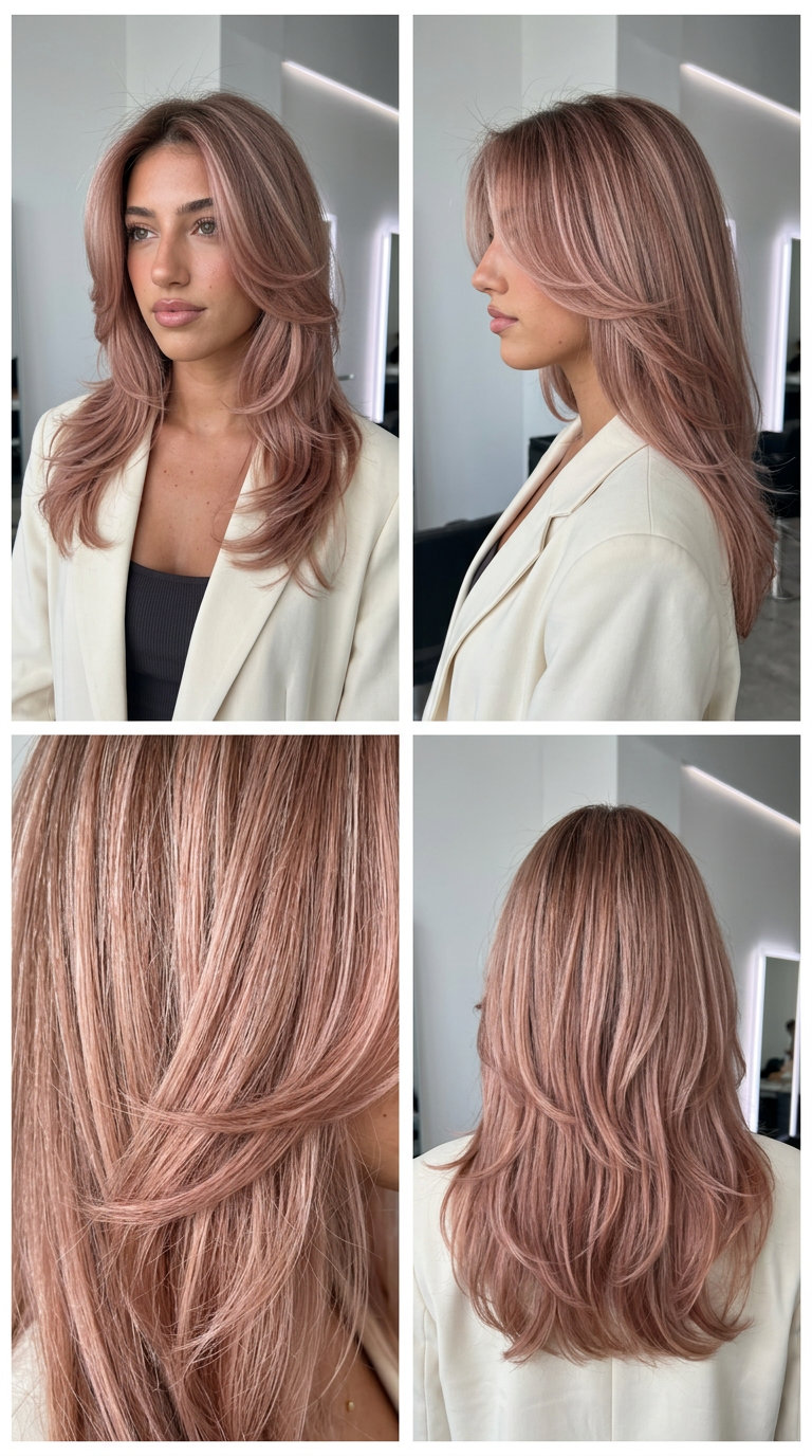 long rose gold butterfly haircut with champagne pink undertones and face-framing layers