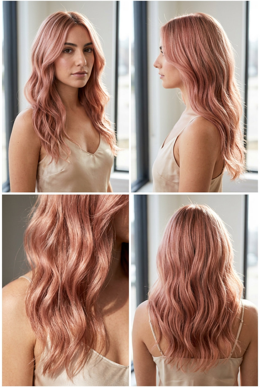 long layered rose gold waves with face-framing layers and strawberry blonde root for summer