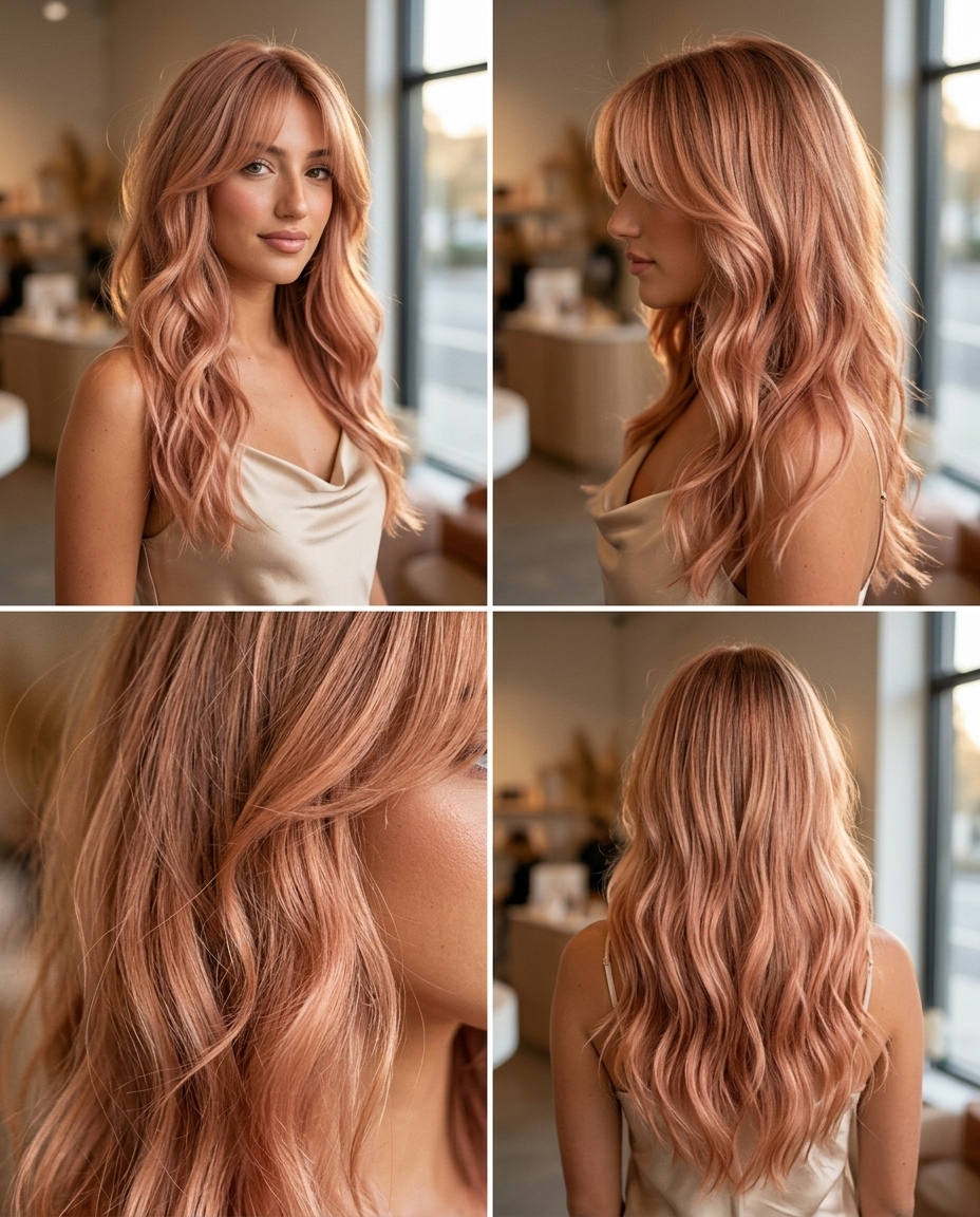 long layered haircut with soft rose gold ombré and golden peach babylights, seamless layers, wispy curtain bangs — romantic summer party