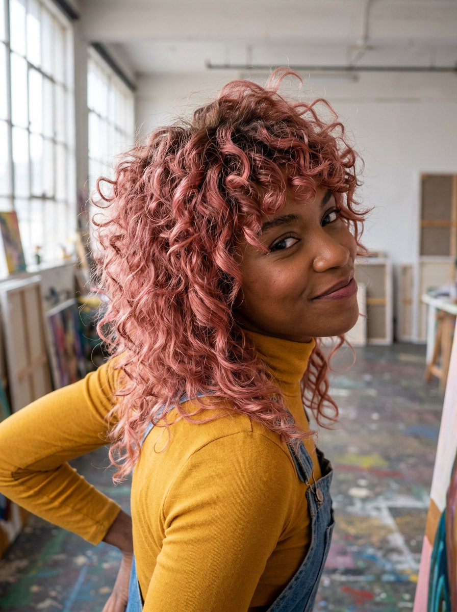 medium curly rose gold wolf cut with pink and copper reflects and defined bangs for festivals