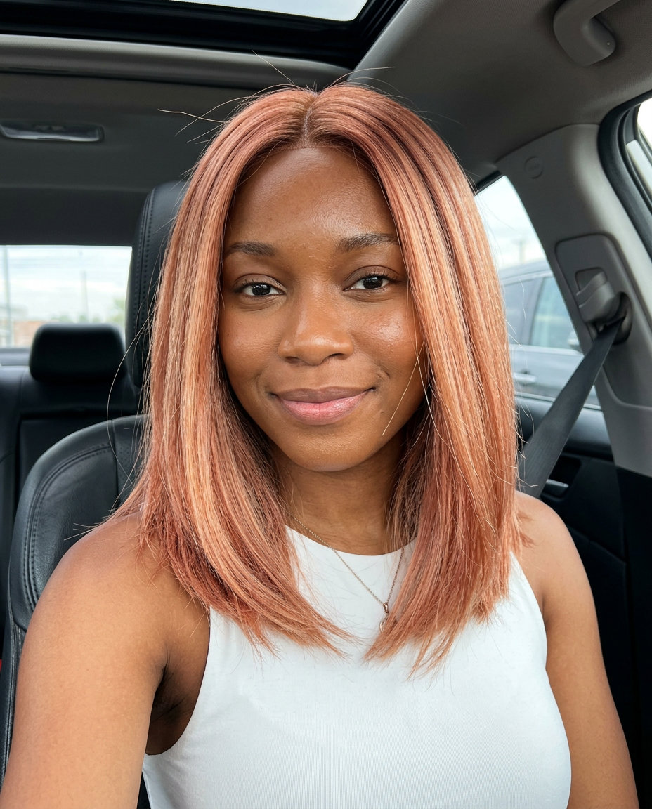 medium rose gold lob with peach-pink shimmer, soft layers for playful whimsy