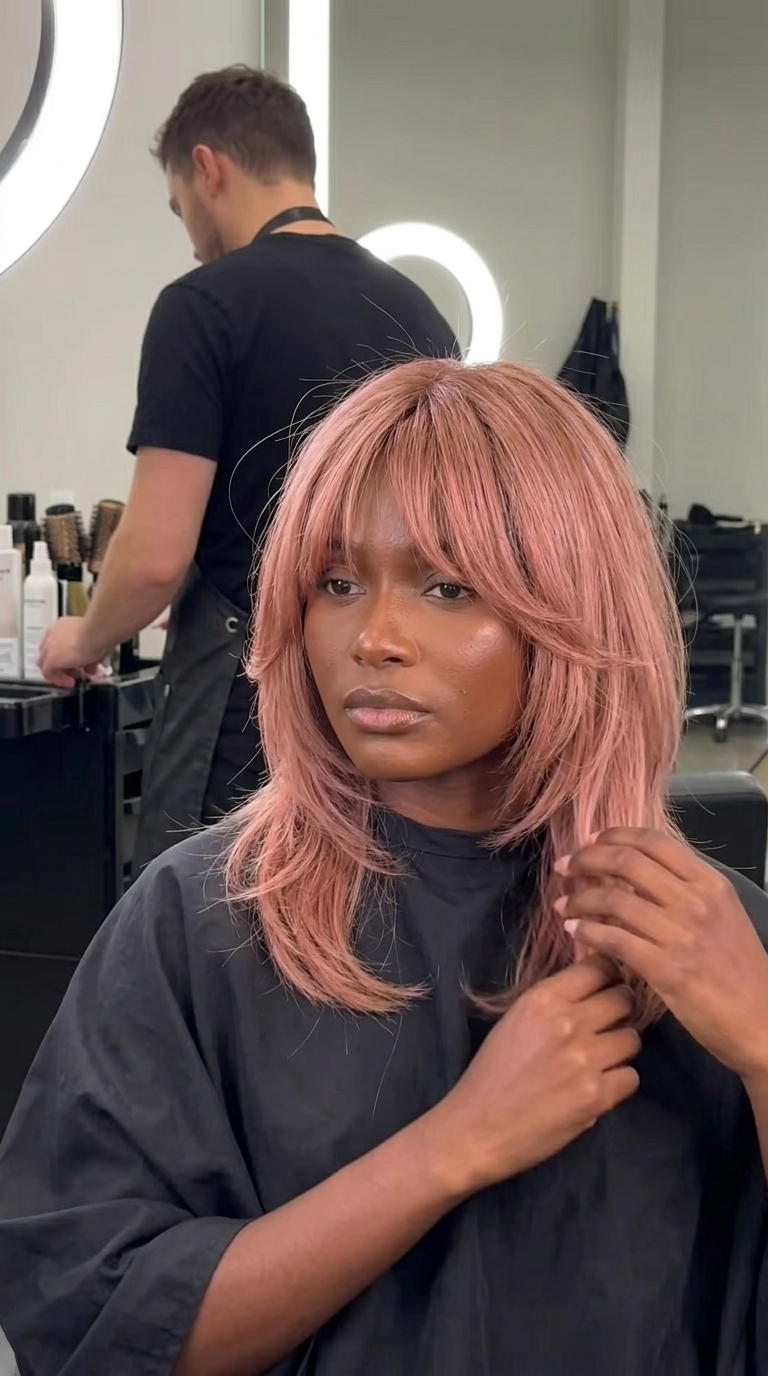 medium rose gold shag with metallic sheen, razored layers, choppy curtain bangs — playful