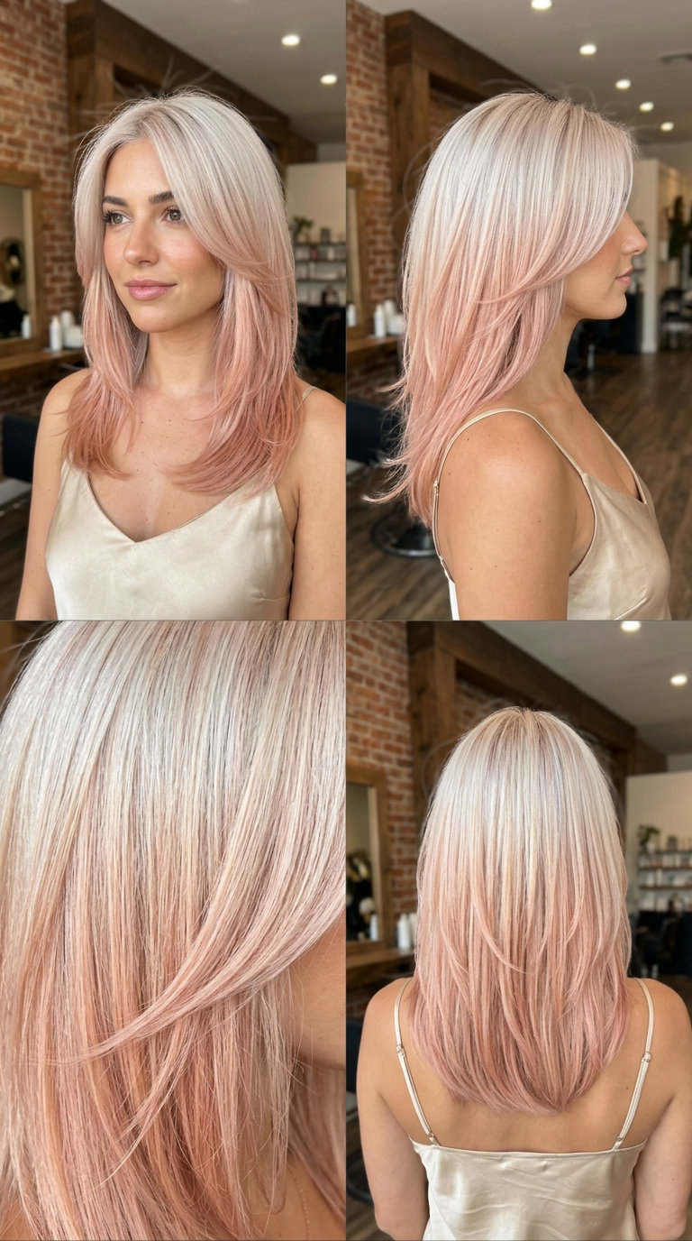 medium butterfly haircut in platinum blonde with rose gold ombré, soft layers, no fringe — romantic