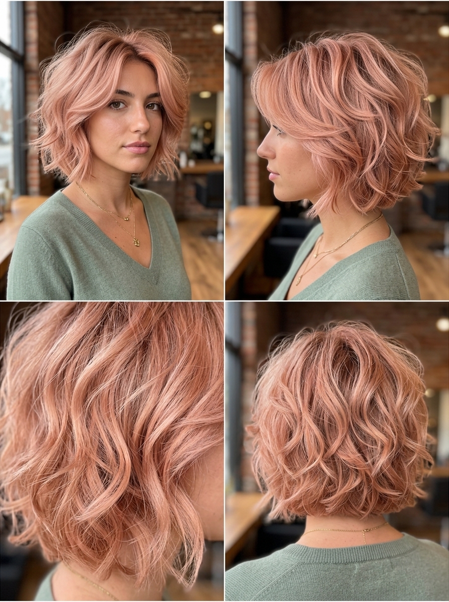 Rose Gold Bob 2026: Voluminous Curls short choppy bob haircut with pastel rose gold, voluminous curls, no fringe — bohemian romance