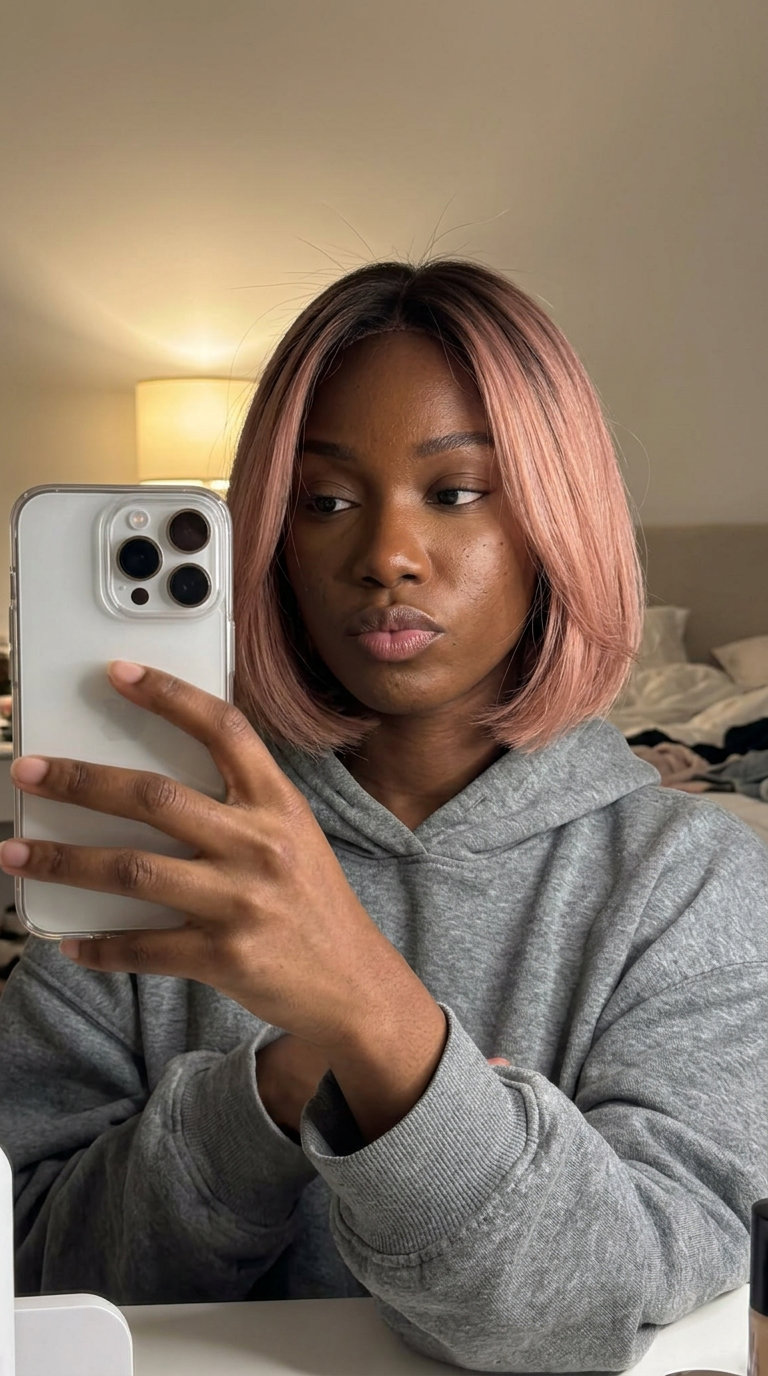 short french bob haircut with rose gold ombré color, soft peach tones and delicate fringe