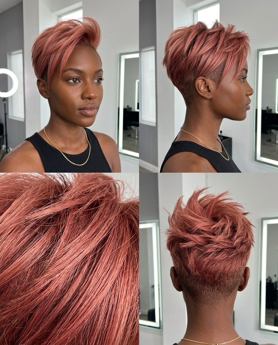 short textured undercut pixie in rose gold nectar strawberry blonde with razor cut layers