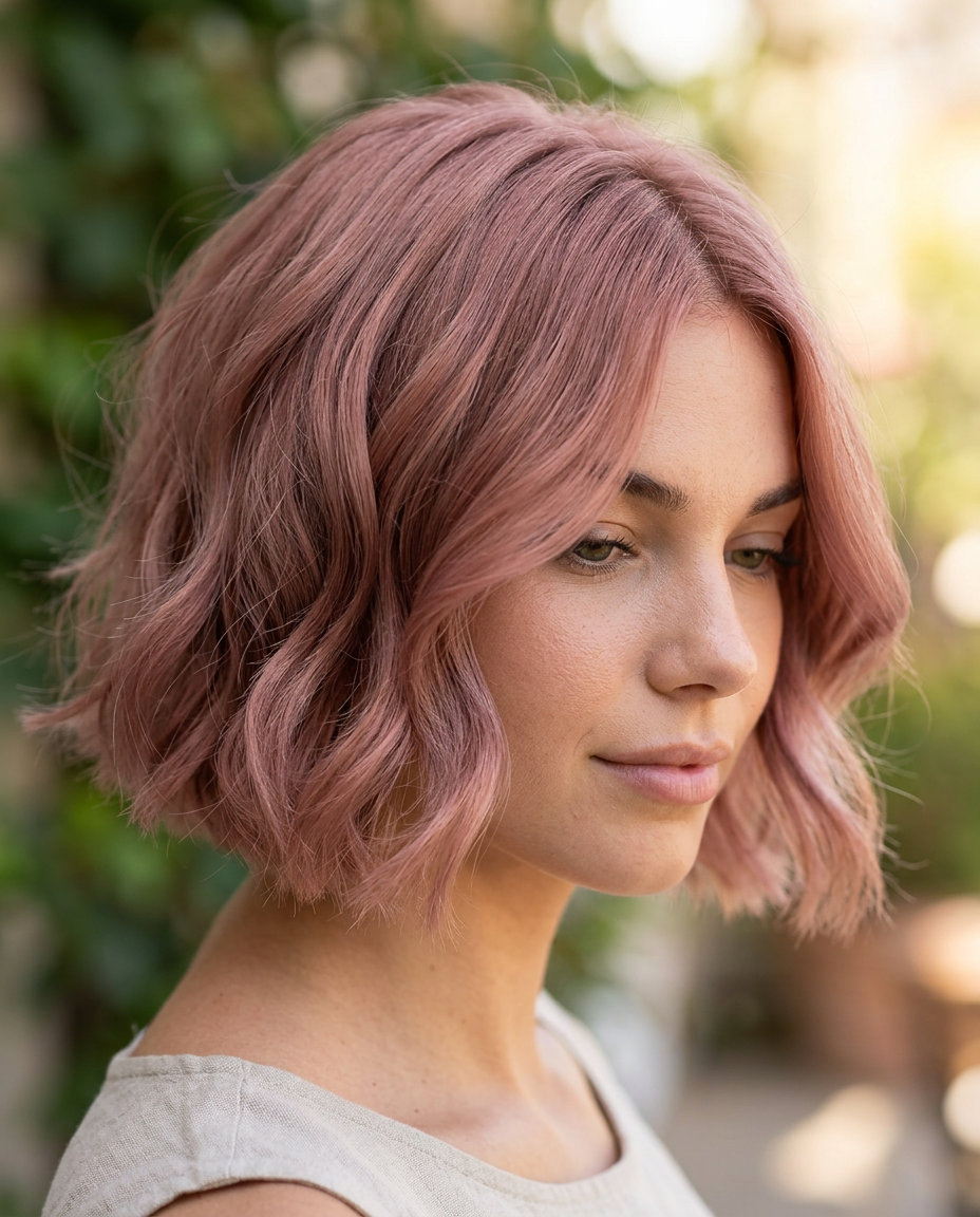 short butterfly bob with muted rose pastel, blonde root shadow, and face-framing — dreamy music festival