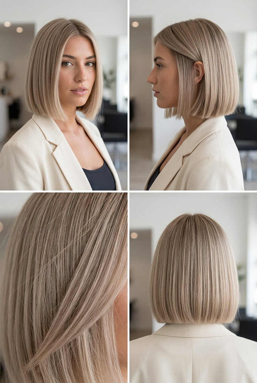 short sandy beige bob haircut with a Scandi hairline and blunt perimeter