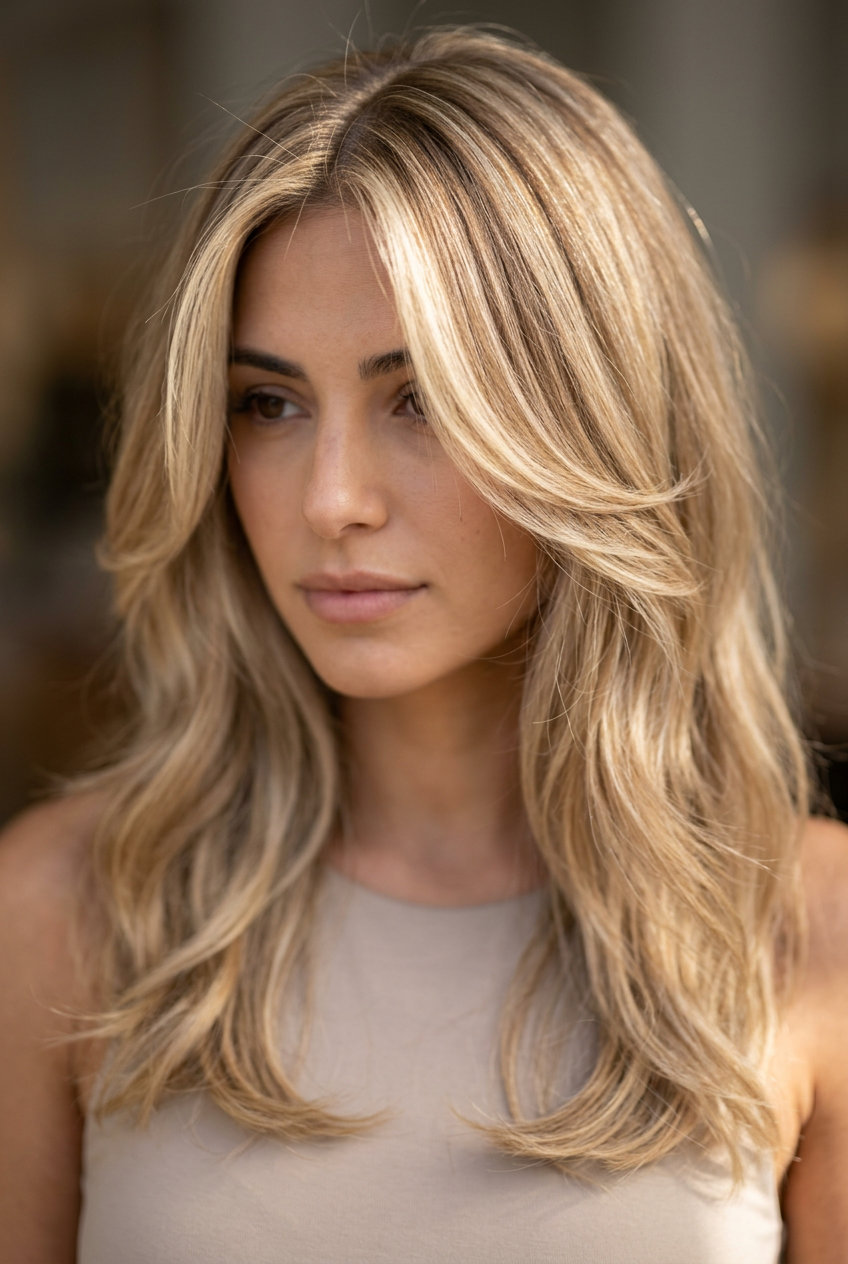 long butterfly haircut with sandy blonde balayage, Scandi hairline, and face-framing — playful beach vacation
