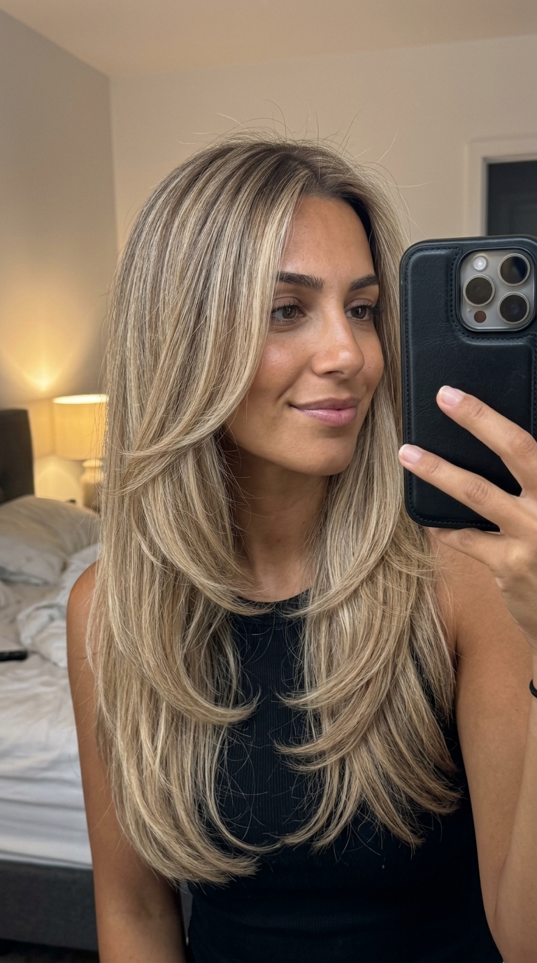Fresh Summer Haircut 2026: Linen Blonde Layers long layered haircut with sandy blonde, beige lowlights, root smudge, U-shape perimeter — natural, luxurious
