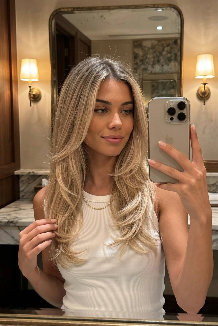 long layered hair with ash blonde to vanilla cream ombre, face-framing layers, point-cut ends — soft effortless