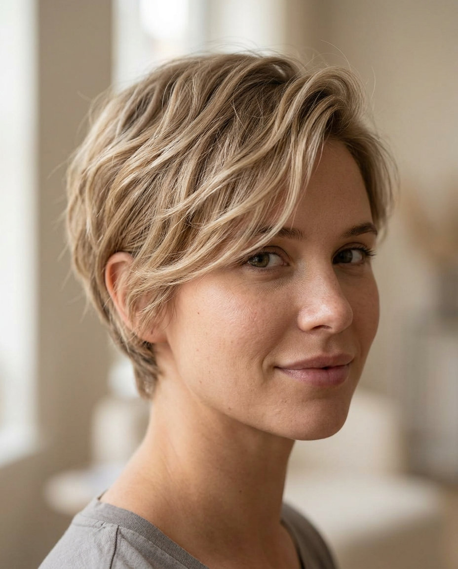 very short pixie haircut in sandy blonde with cool ash undertones, sun-kissed babylights, soft fringe — effortless summer