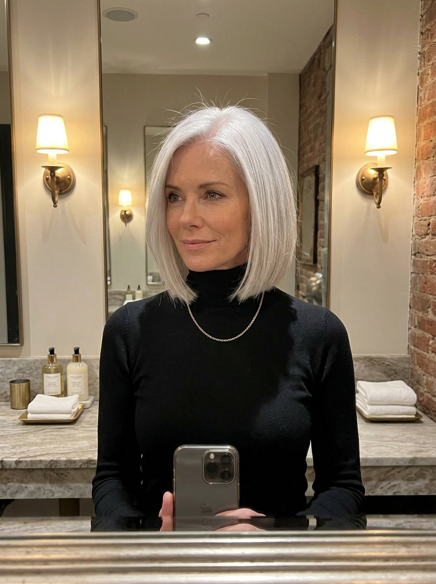 chin-length bob haircut with Scandi-Silver platinum, blunt perimeter, subtle graduation — bold, confident, modern