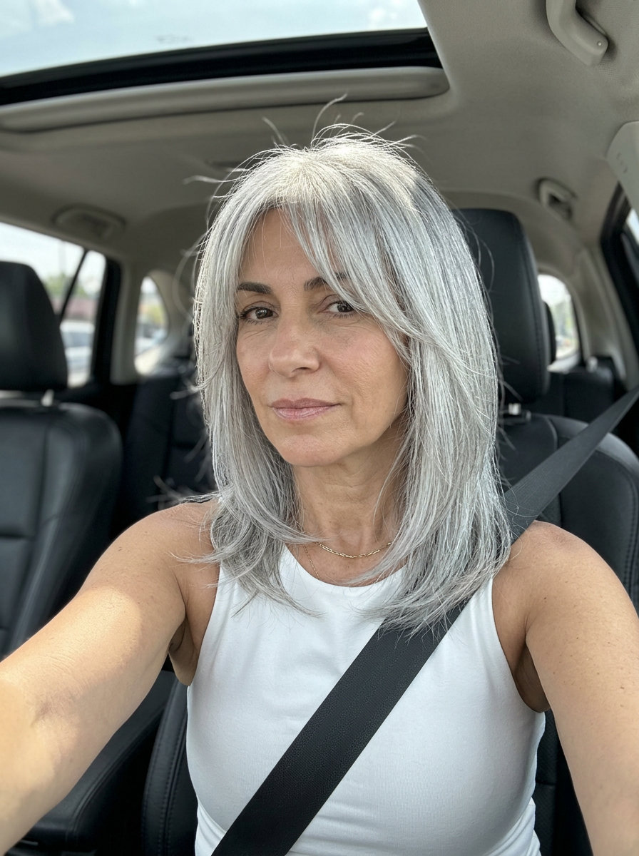 collarbone-length layered haircut with Scandi-Silver hair, diffused layers, and wispy curtain bangs for summer