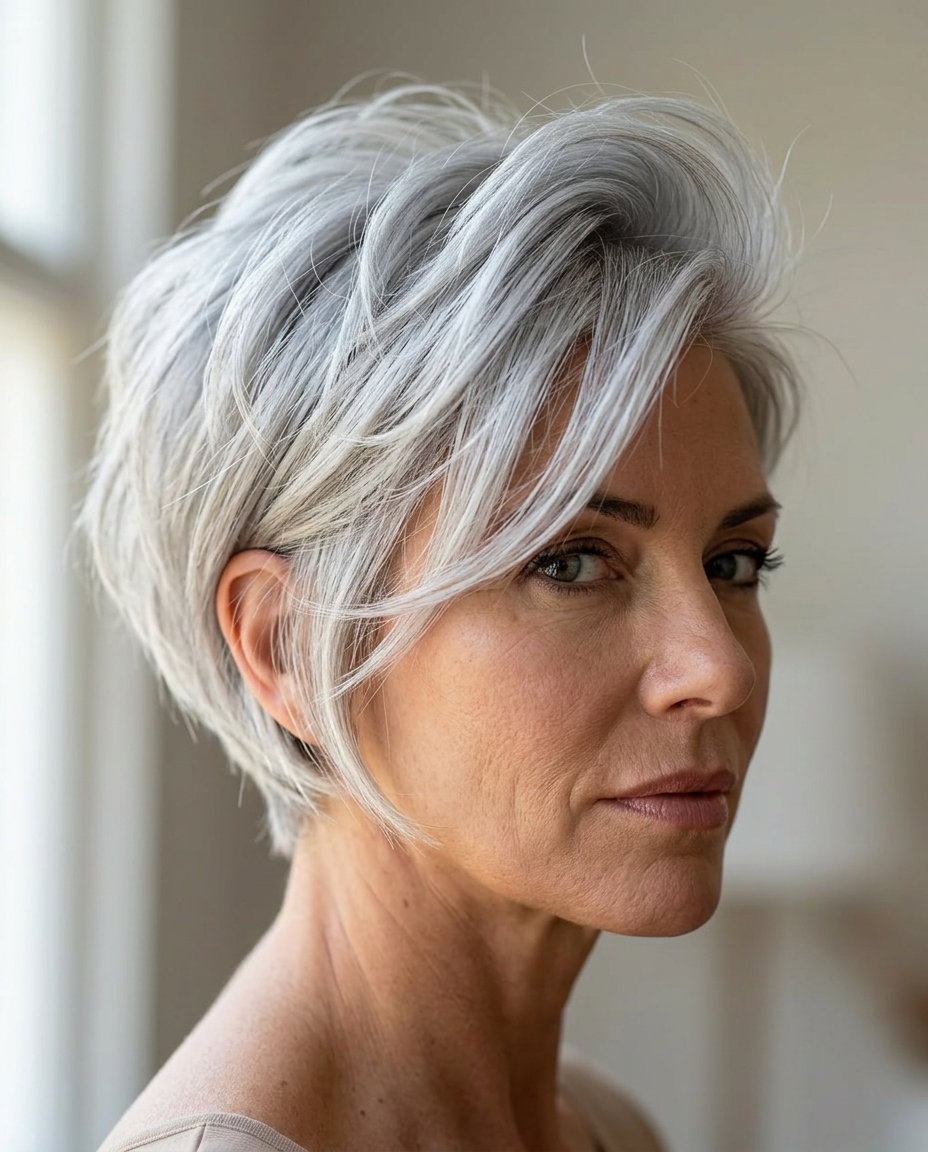 short bixie haircut with bright Scandi-silver platinum, precision point-cutting, edgy fringe — bold, edgy, high-fashion