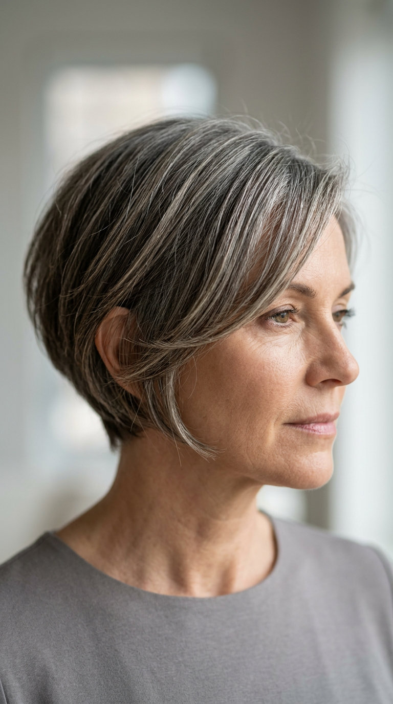 short pixie-bob haircut with Scandi-Silver platinum, side-swept fringe, tapered nape — sophisticated, confident, modern