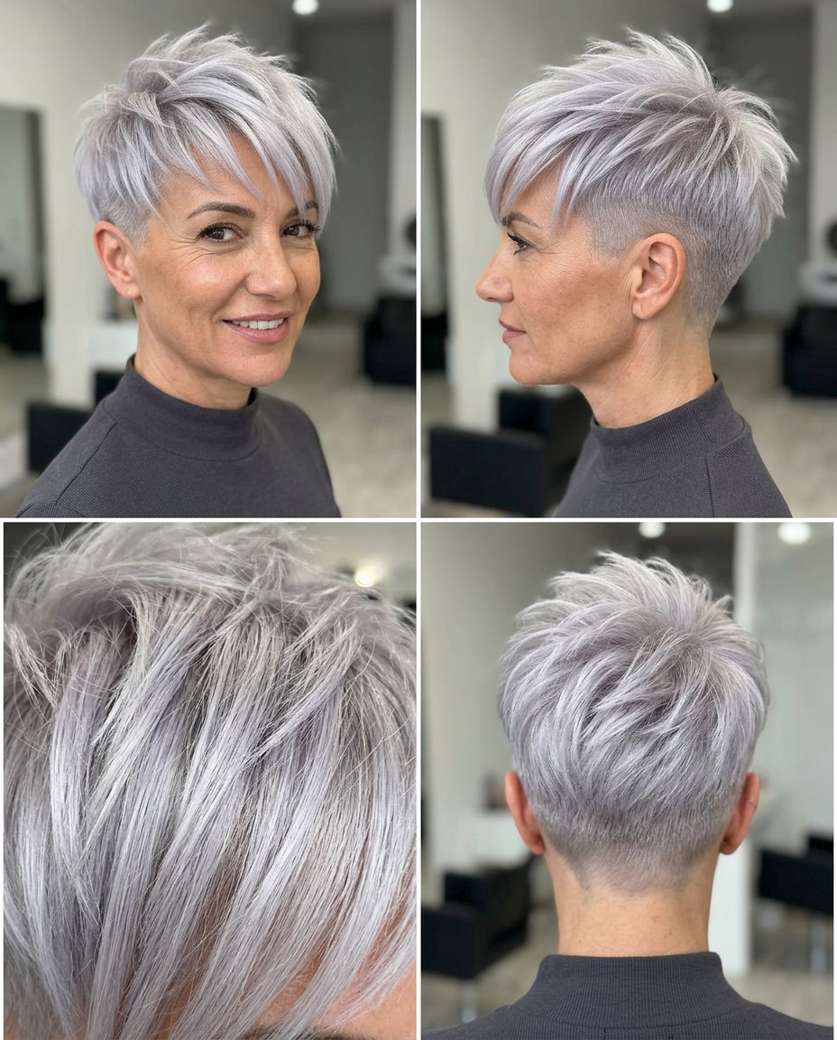 short pixie haircut with Scandi-Silver platinum, clipper fade undercut, textured crown — edgy, confident, modern