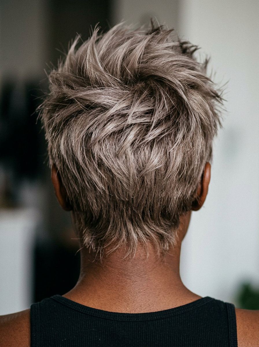short silver-bell brown pixie haircut, all-over cool grey, no fringe — edgy festival statement