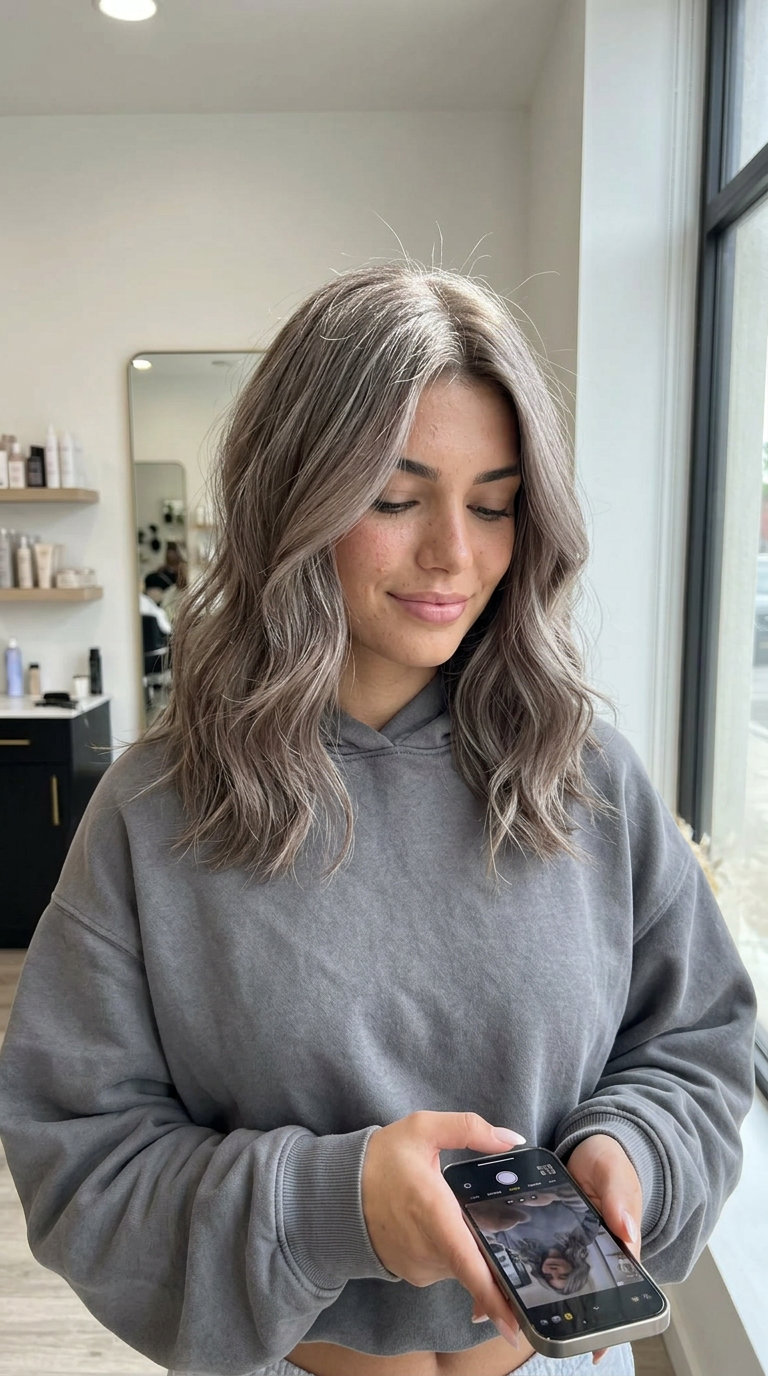 Silver-Bell Mushroom Brown 2026 shoulder-length silver-bell mushroom brown hair with babylights at crown, no fringe — romantic ethereal
