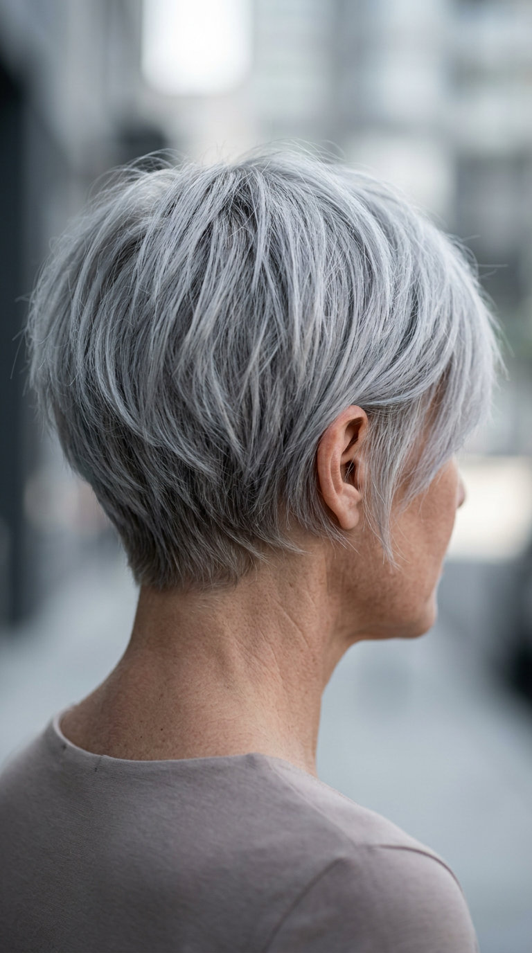 short bixie haircut with silver grey color and choppy layers for a sophisticated look