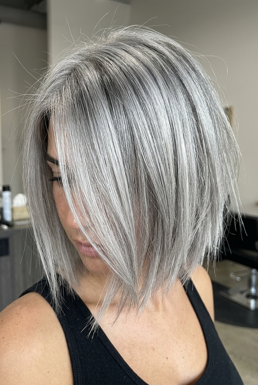 Silver Fox Bob 2026: Edgy Choppy Cut short choppy bob haircut with metallic silver-grey, razored edges, no fringe — sophisticated edge