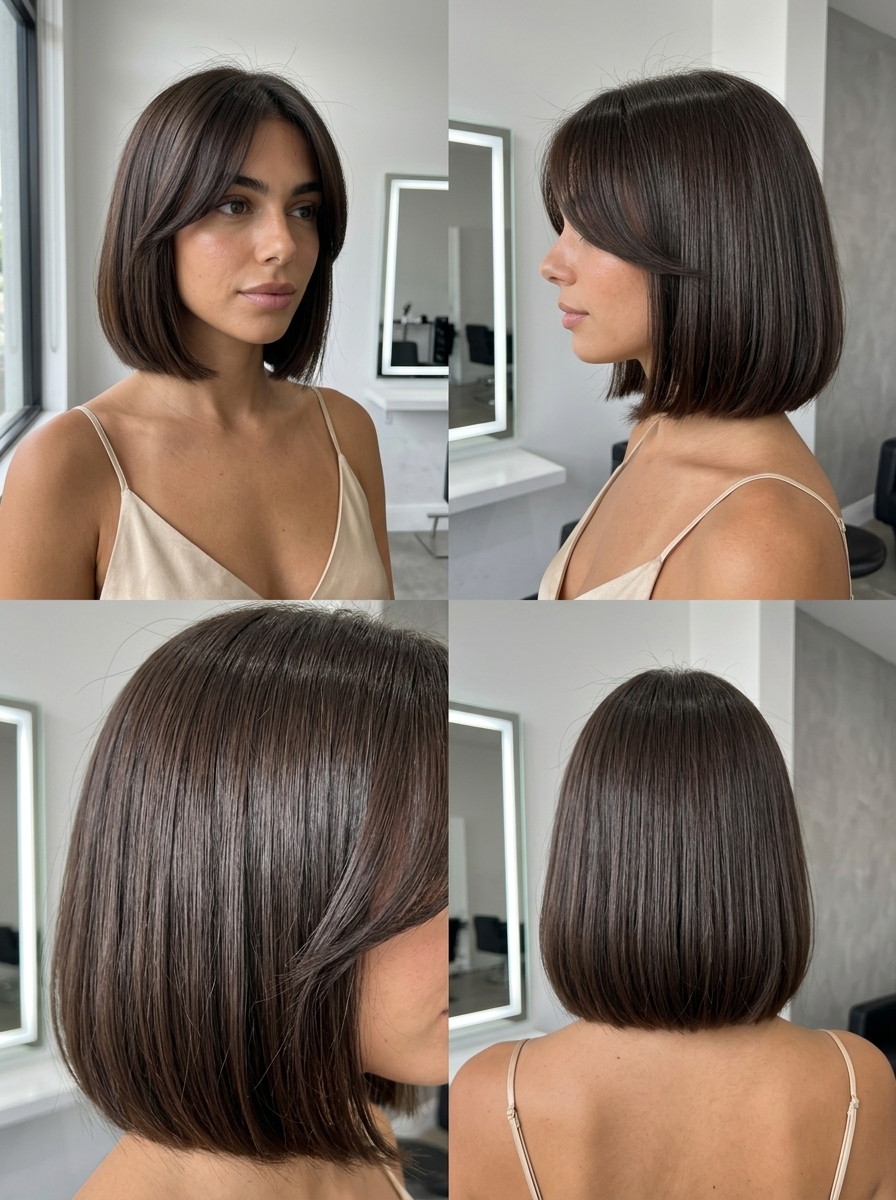 medium-length silver platinum shag with razored curtain bangs, ash shadow root for edgy look